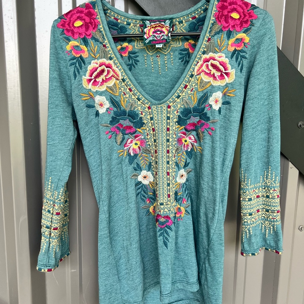 Johnny Was Katina 3/4 Teal and Pink Embellished Cuffed Sleeve Blouse